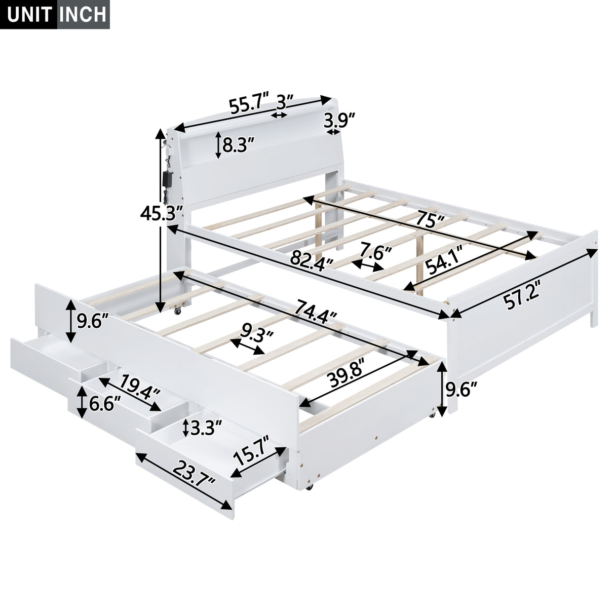 Full Size Platform Bed with Storage LED Headboard Twin Size Trundle and 3 Drawers White