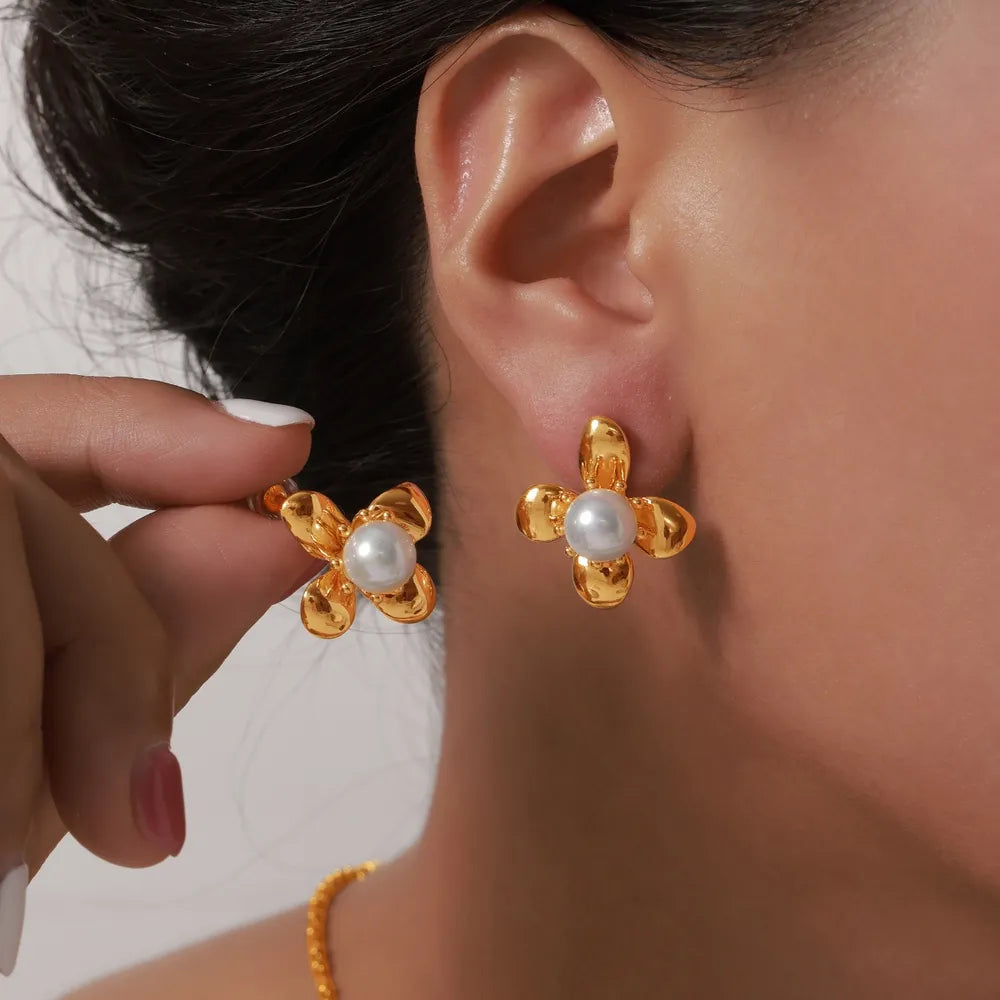 Synthetic Pearl Titanium Steel Flower Earrings - V.I.P Digital Presence