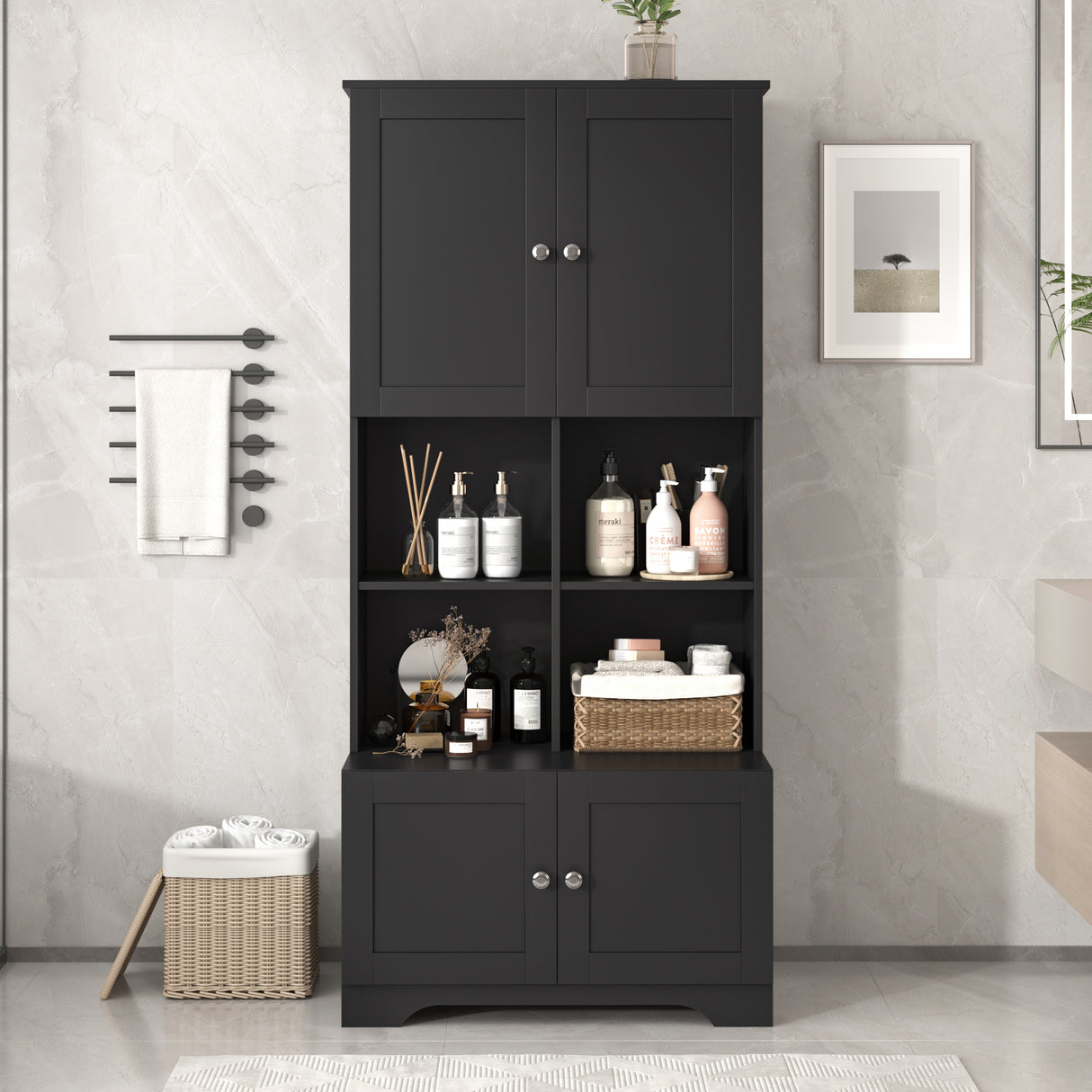 Bathroom storage cabinet, 4-door independent cabinet, adjustable shelf, open multi-layer shelf, black - V.I.P Digital Presence