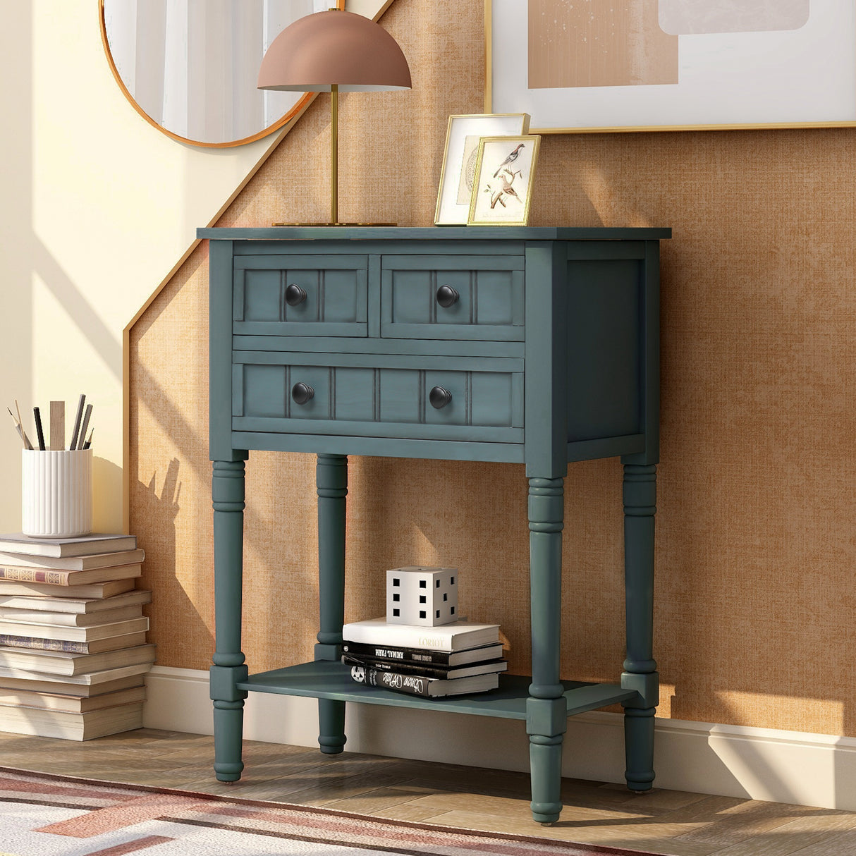 TREXM Narrow Console Table, Slim Sofa Table with Three Storage Drawers and Bottom Shelf for Living Room, Easy Assembly (Navy) - V.I.P Digital Presence