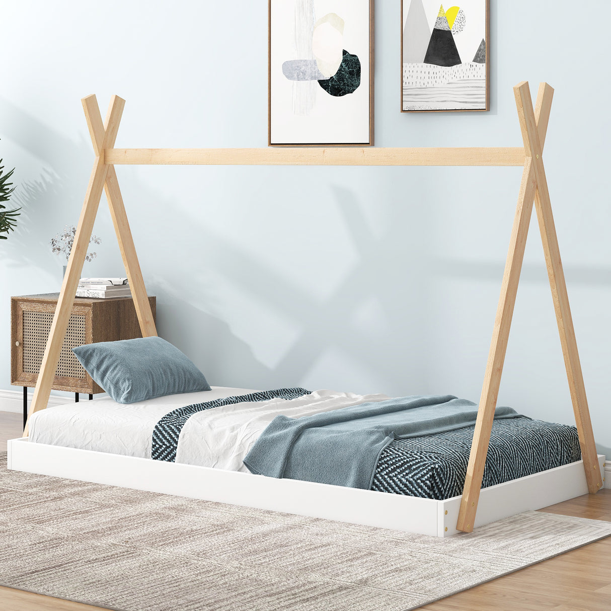 Twin Size Tent Floor Bed with Triangle Structure White+Natural