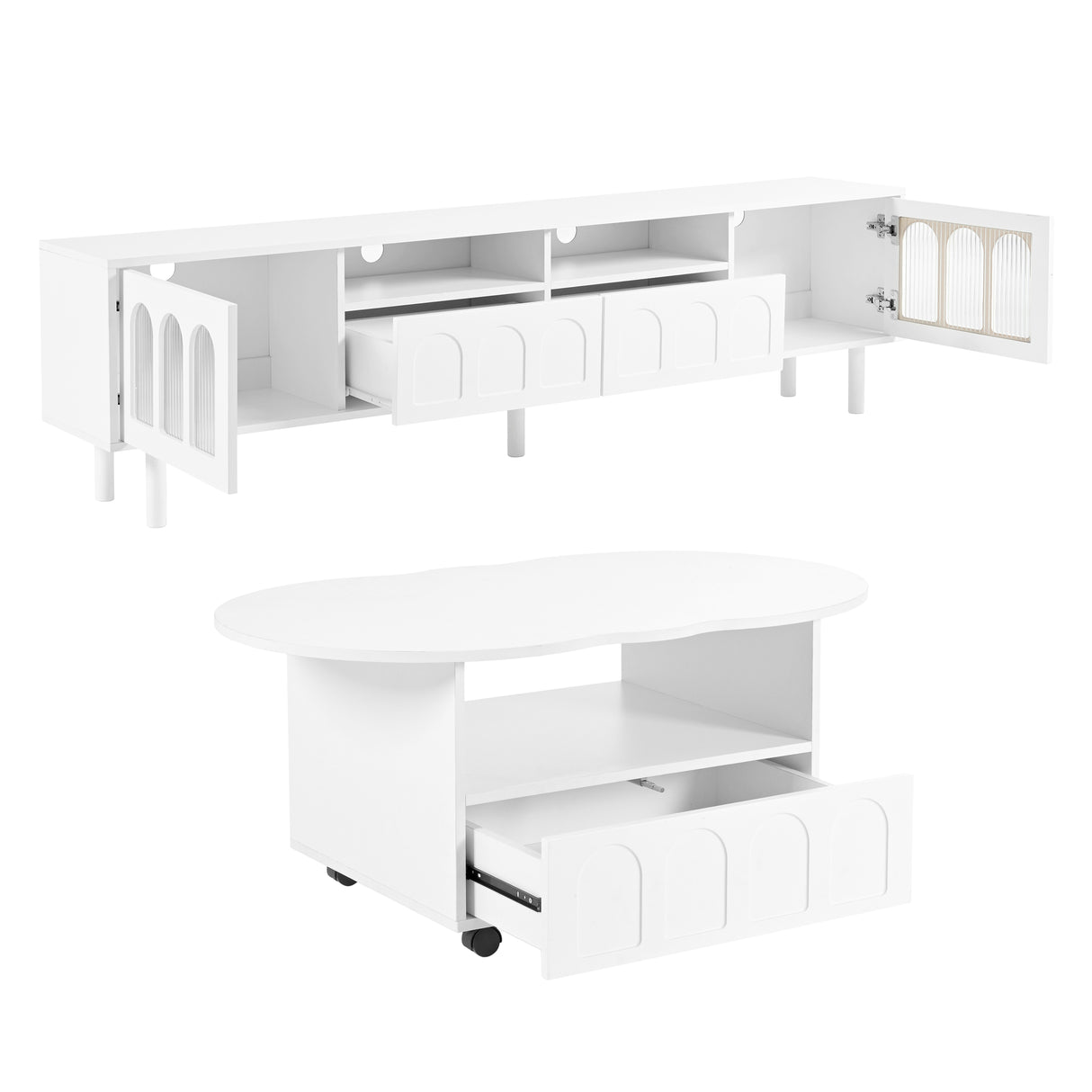 Two sets of ON-TRANS cream style TV stands and coffee tables, suitable for TVs under 80 inches, white - V.I.P Digital Presence