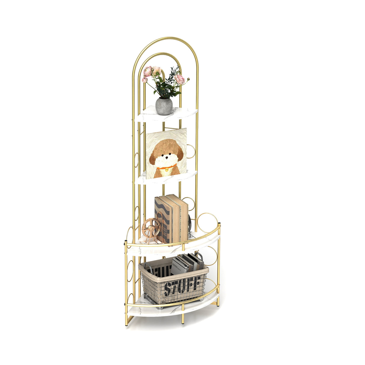 Gold 4-Tier Corner Bookshelf, Modern Style, Plant Stand with Metal Frame - V.I.P Digital Presence