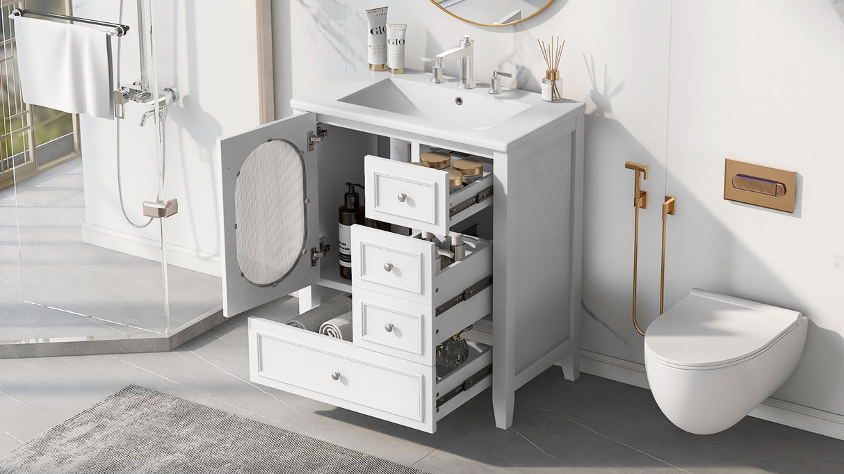 30" Bathroom Vanity with Sink, Bathroom Vanity Cabinet with Three Drawers and Door, Solid Wood and MDF, White - V.I.P Digital Presence