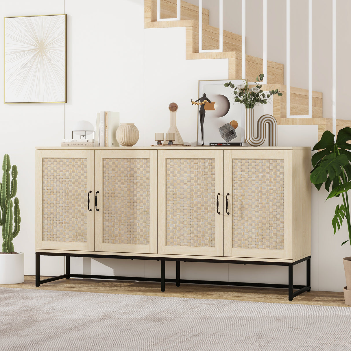 Rattan 4-Door Sideboard , Sideboard Buffet Storage Cabinet,Accent Storage Cabinet , Large Cabinet With 4 Rattan Decorated Doors - V.I.P Digital Presence