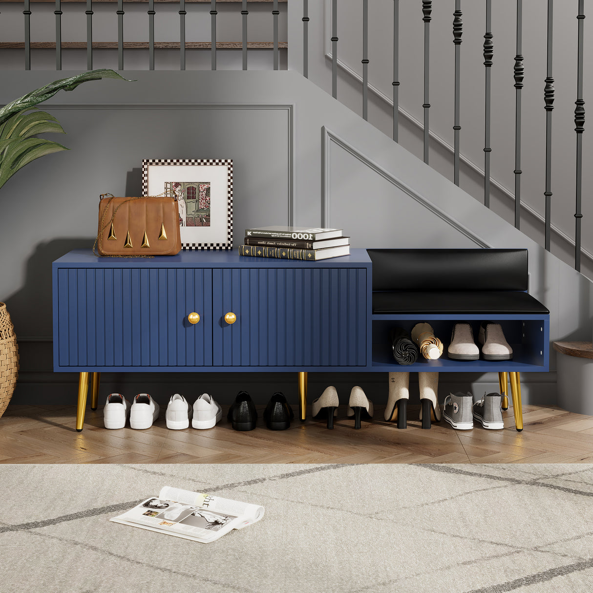 Modern Shoe Storage Bench with Hidden Storage and Upholstered Cushions for Bedside, Living Room and Entryway (Navy) - V.I.P Digital Presence