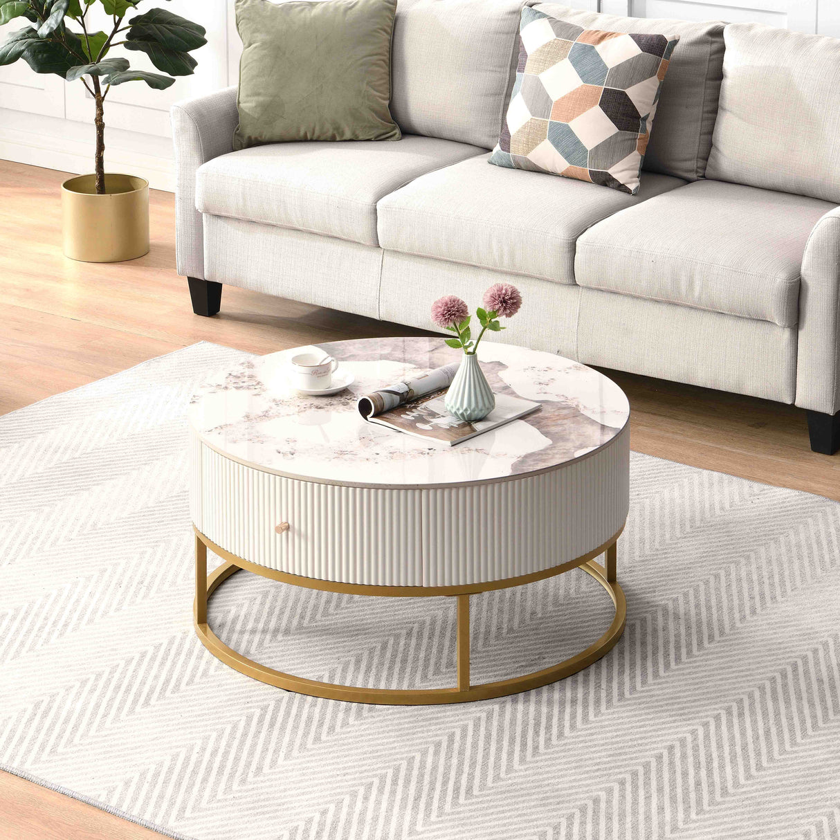 31.5 Inch Modern Round Coffee Table with Drawers, Marble Table with Storage, Coffee Table for Living Room - V.I.P Digital Presence