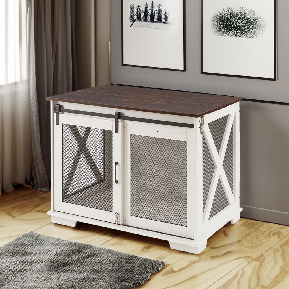 Farm kennel Flat noodles furniture with sliding barn door, farm wooden kennel end table, dog house with removable partition - V.I.P Digital Presence