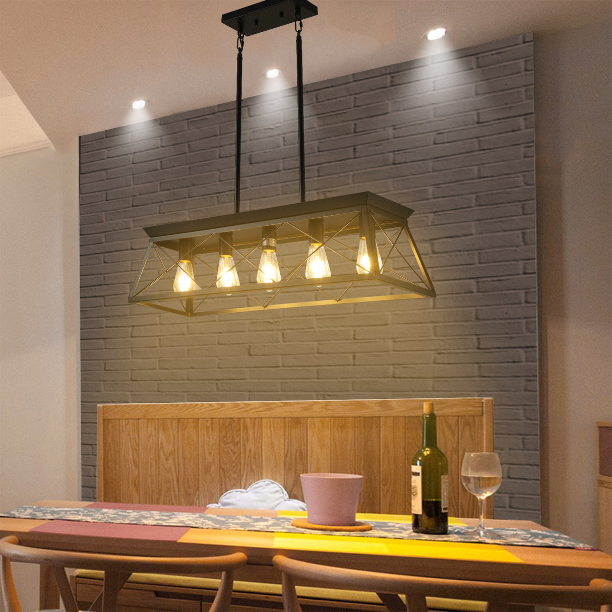 5-light farmhouse pendant light, metal pendant light island fixture, modern rectangular island light, pure black (no bulb) - V.I.P Digital Presence