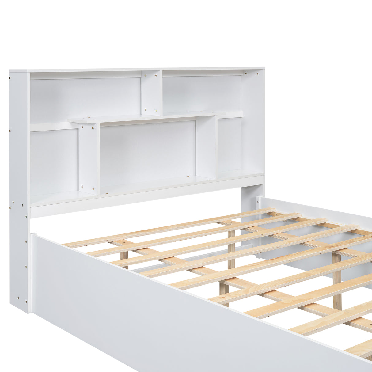 Queen Size Platform Bed with Storage Headboard and 2 Drawers, White - V.I.P Digital Presence