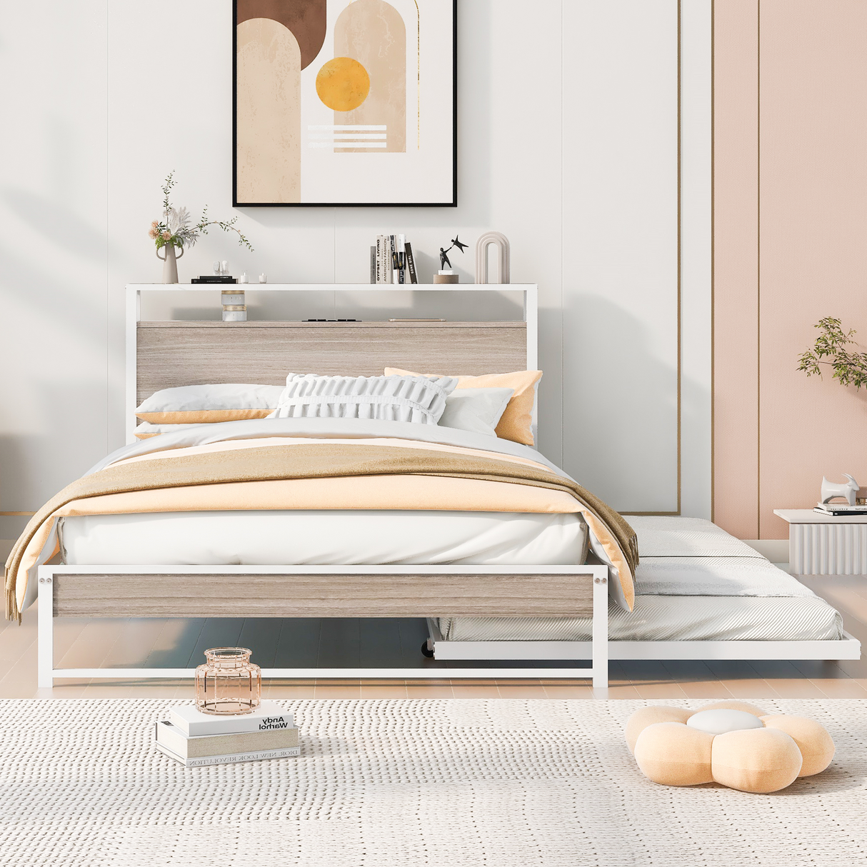 Full Size Metal Platform Bed Frame with Trundle, USB Ports and Slat Support No Box Spring Needed White - V.I.P Digital Presence