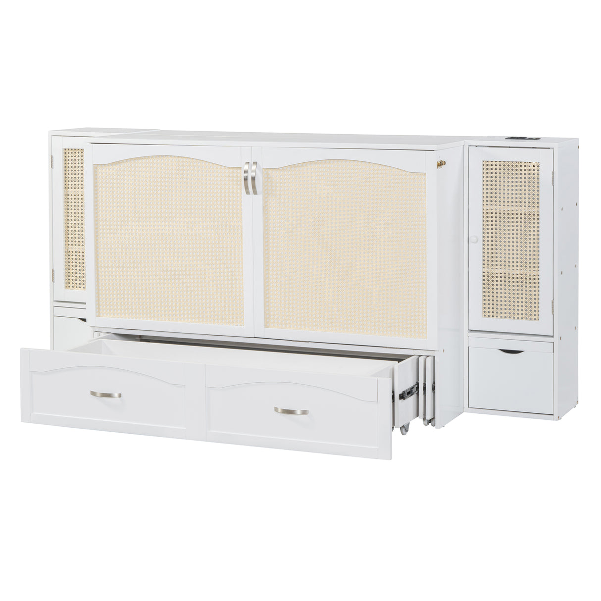 Large Murphy bed wall mounted bed with drawers, 2 storage cabinets, 1 set of sockets and USB ports, white - V.I.P Digital Presence