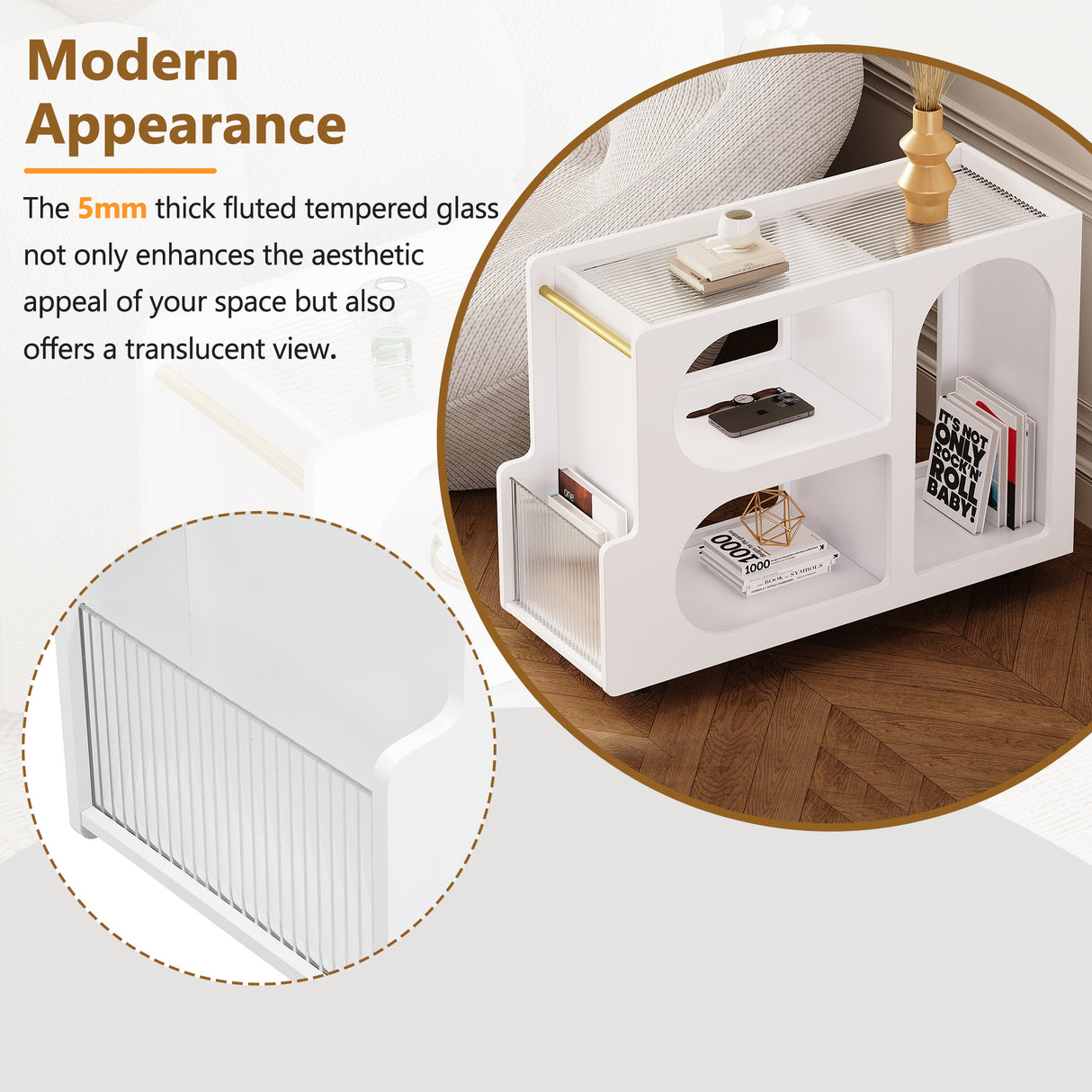 Stylish mobile desk with lockable wheels, white bedside table with 5mm thick grooved tempered glass and gold round bars - V.I.P Digital Presence