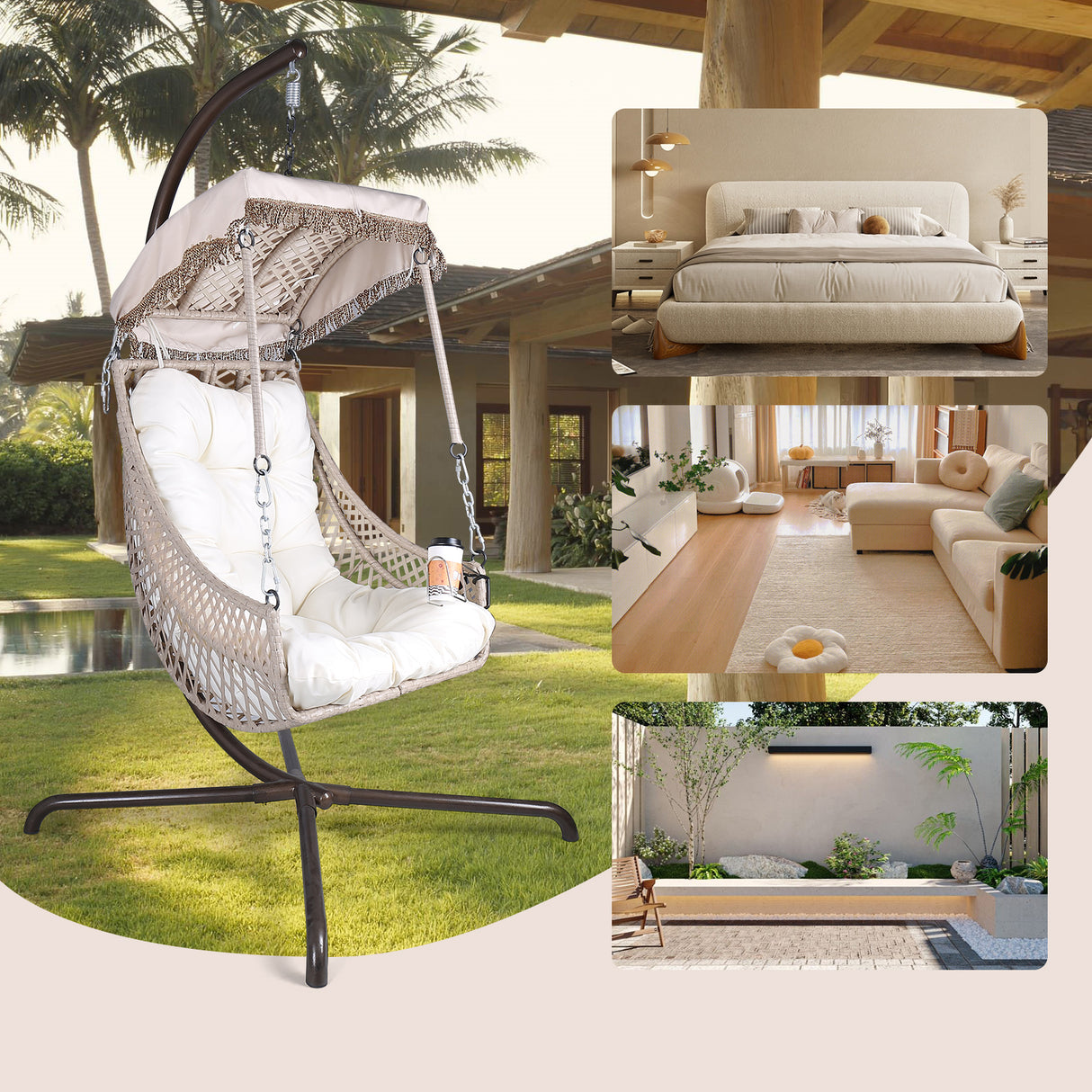 Swing Egg Chair with Stand Indoor Outdoor Wicker Rattan Frame 350lbs Capacity Hammock Chair for Patio Bedroom with Sunshade Clot - V.I.P Digital Presence