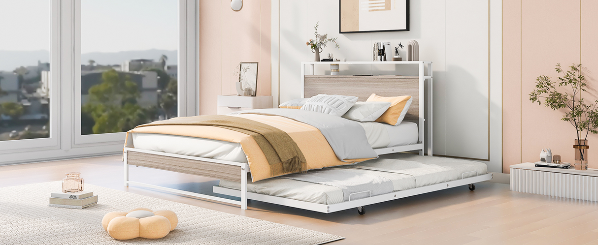 Full Size Metal Platform Bed Frame with Trundle, USB Ports and Slat Support No Box Spring Needed White - V.I.P Digital Presence