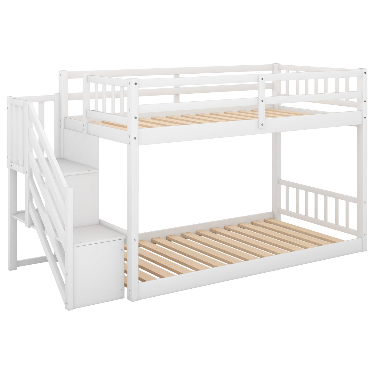 Twin over Twin Floor Bunk Bed, Ladder with Storage White