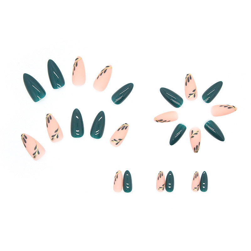 Almond Fake Nails with Green Leaves Design Elliptic Acrylic False Nails Wearable French Press on Nail Manicure Tips - V.I.P Digital Presence