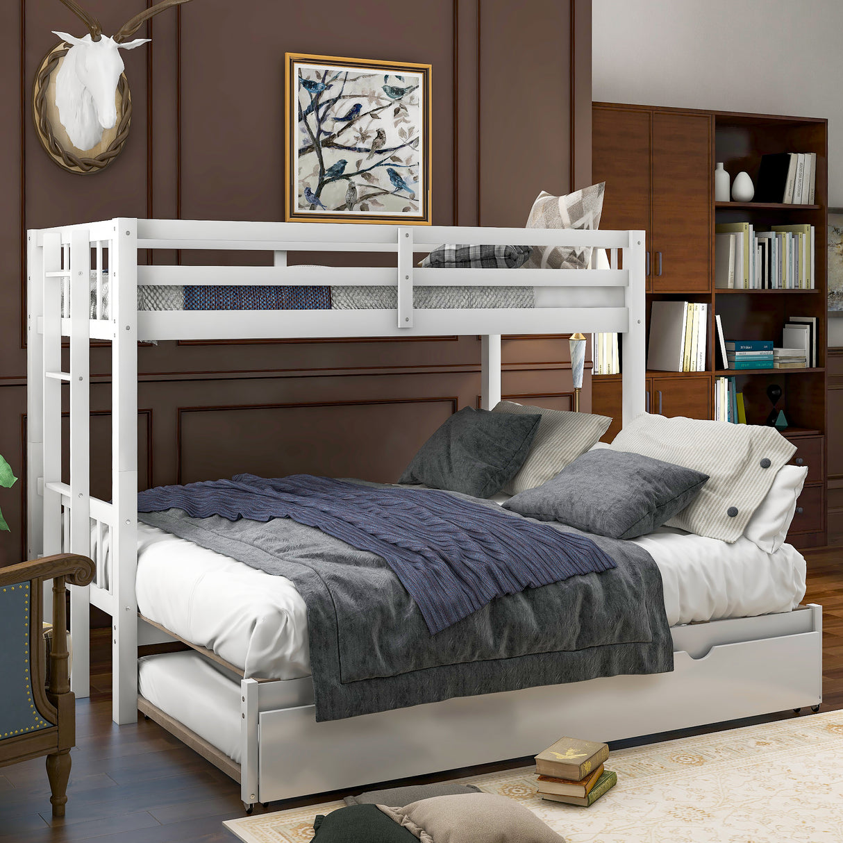 Twin over Pull-out Bunk Bed with Trundle White