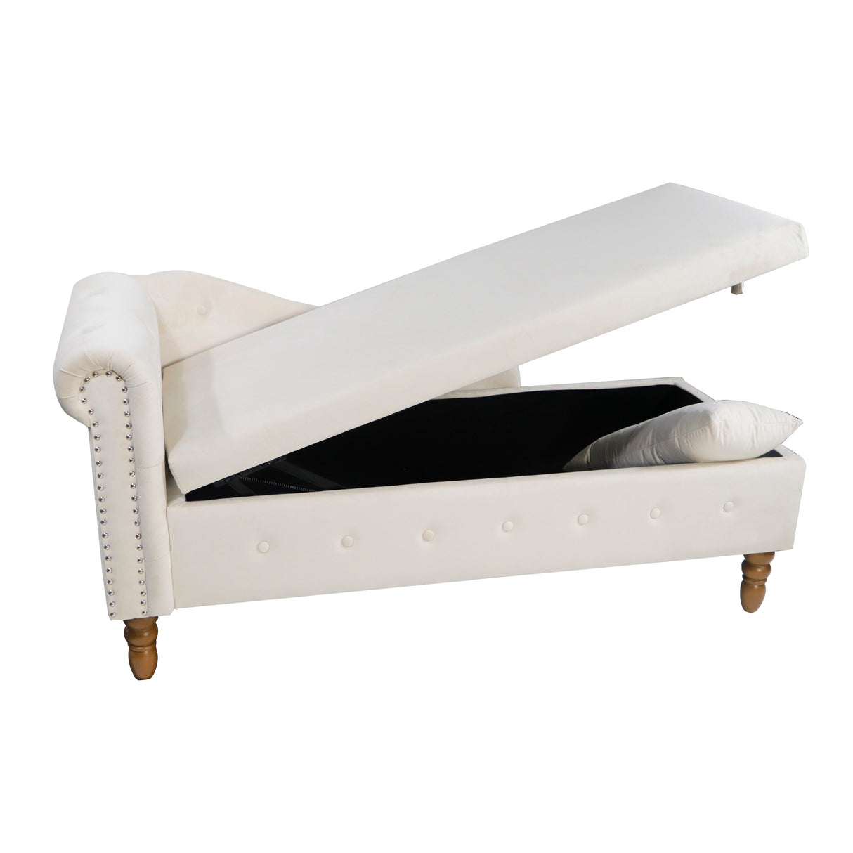 Beige Chaise Lounge Indoor Velvet Lounge Chair for Bedroom with Storage & Pillow Modern Upholstered Rolled Arm Chase Lounge - V.I.P Digital Presence