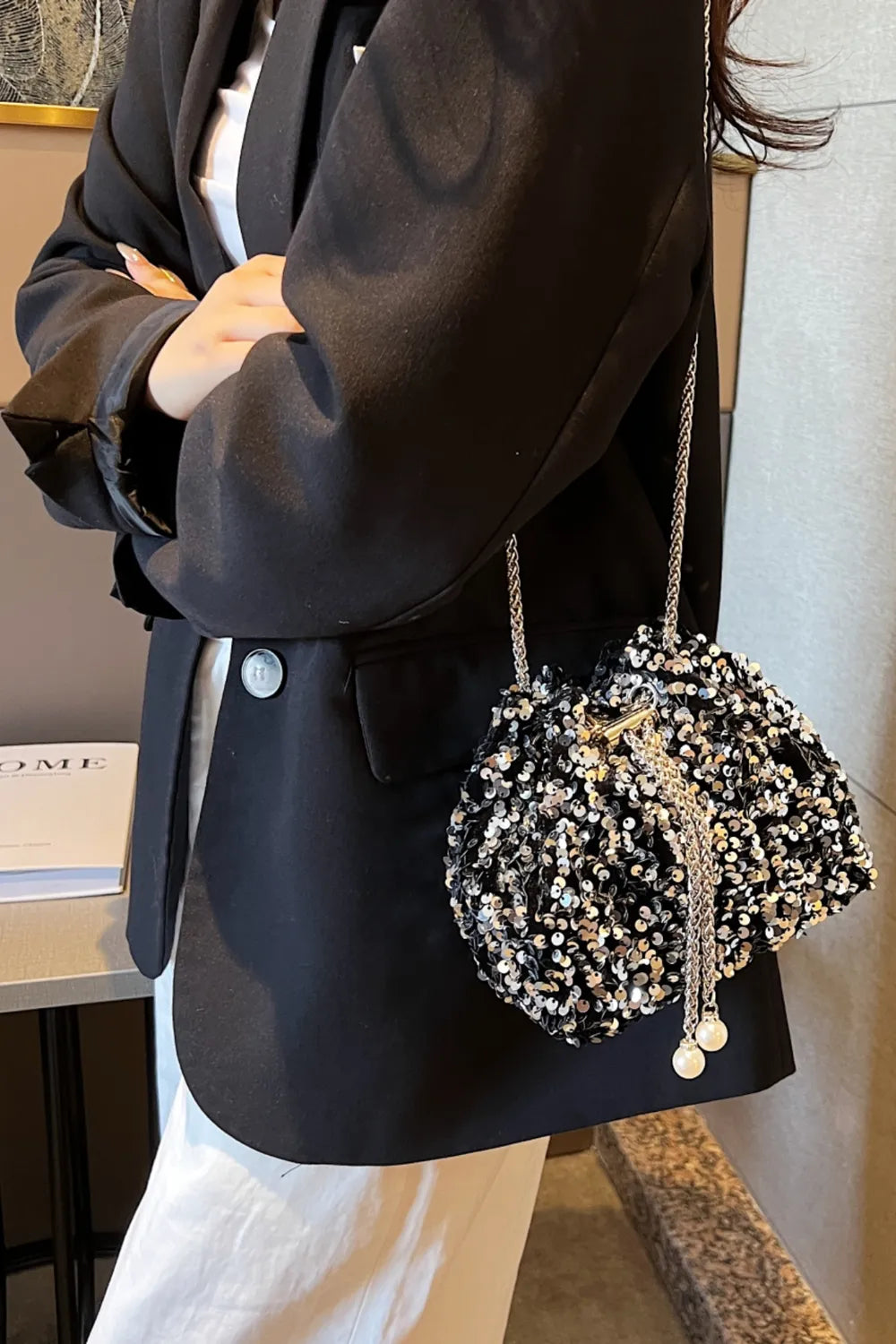Sequin Chain Drawstring Bucket Bag - V.I.P Digital Presence