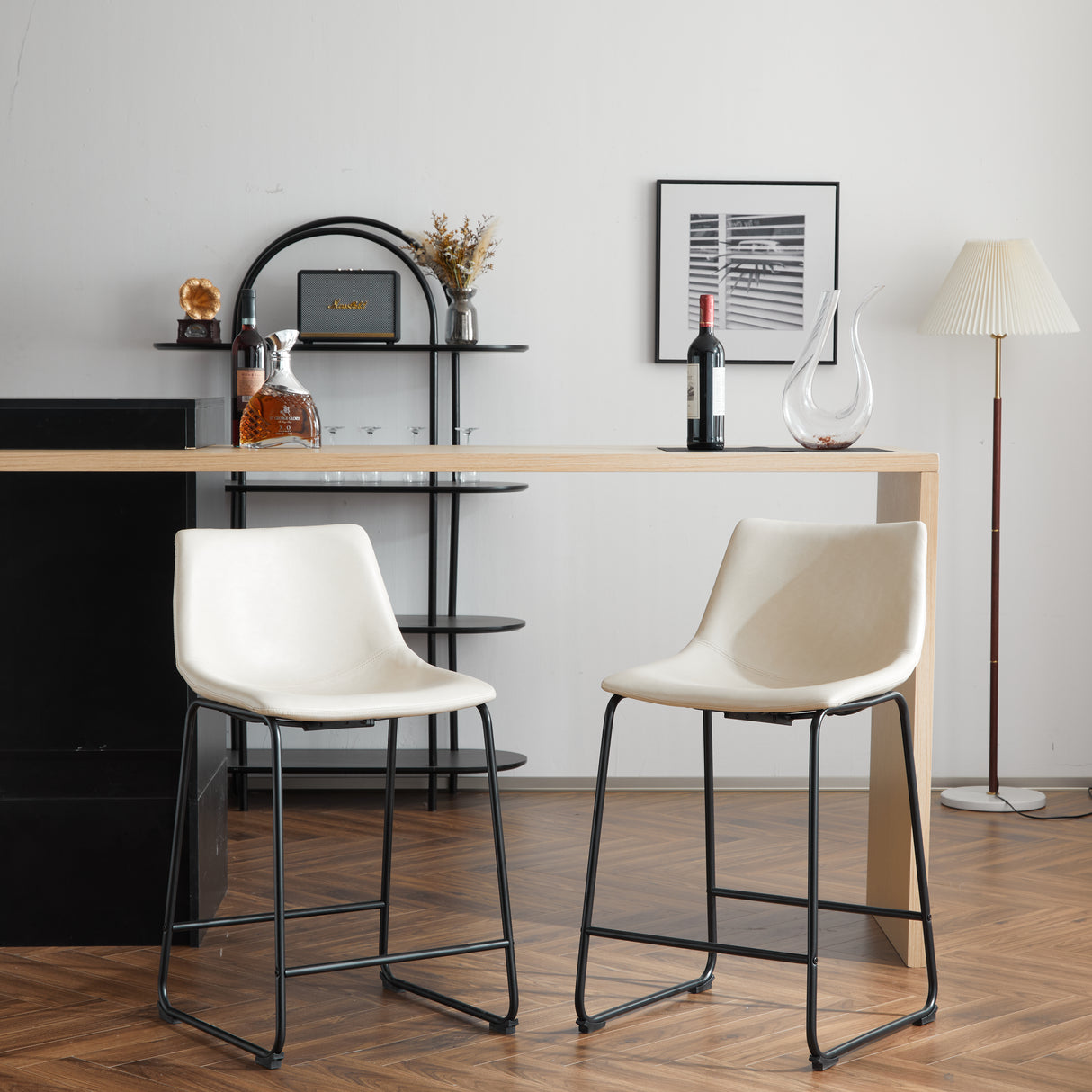(2 sets) Retro style 24 inch armless industrial faux leather counter stool with metal legs and footrests, cream and black - V.I.P Digital Presence