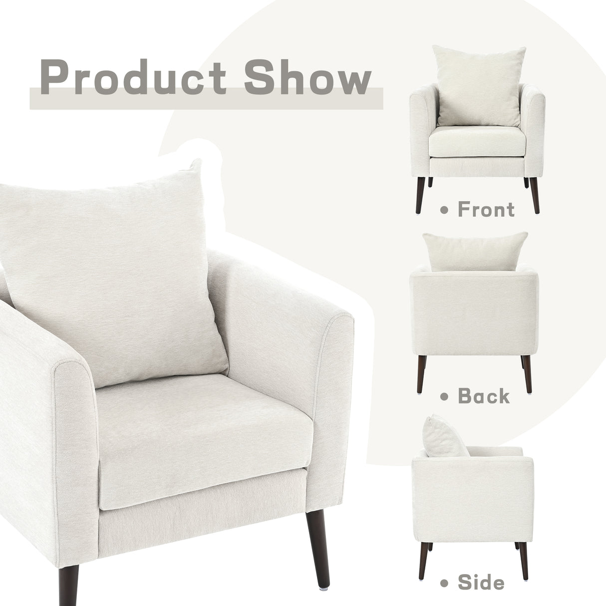 Bucket chair, Schneier accent chair, fabric armchair club chair, solid wood leg cushion armchair, lumbar pillow, beige - V.I.P Digital Presence