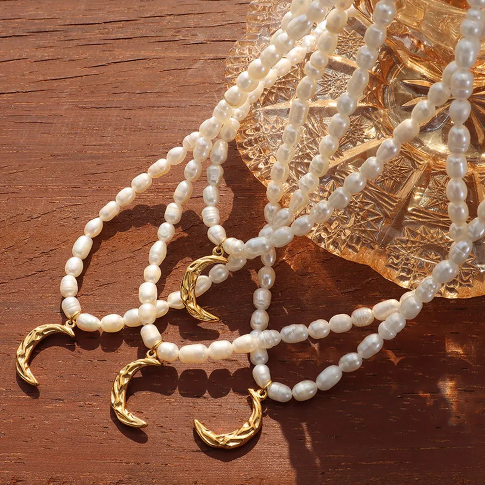 Pearl Titanium Steel Moon Shape Pendant Necklace - V.I.P Digital Presence