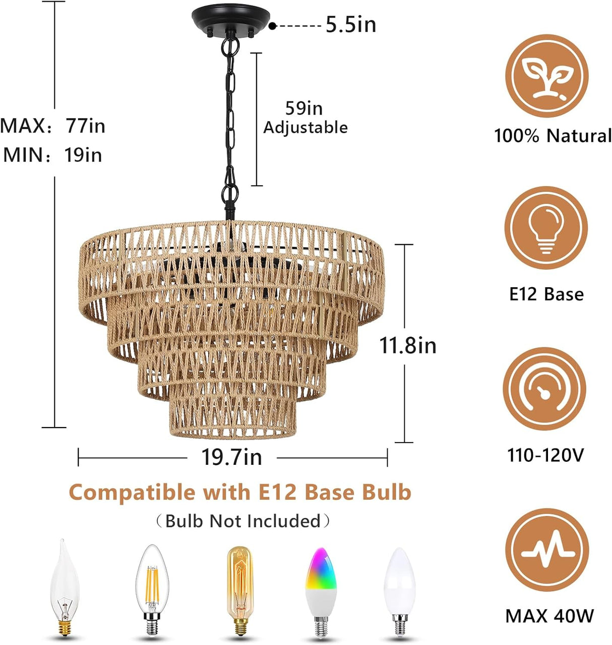 6-Light Dining Room Light Fixture, Wicker Pendant Lighting with 4-Tier Woven Lampshade, Large Farmhouse Chandeliers (20") - V.I.P Digital Presence