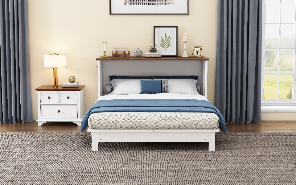 Solid Pine Murphy Bed Chest with Charging Station and Large Storage Drawer for Home Office or Small Room , Queen, White+Walnut - V.I.P Digital Presence