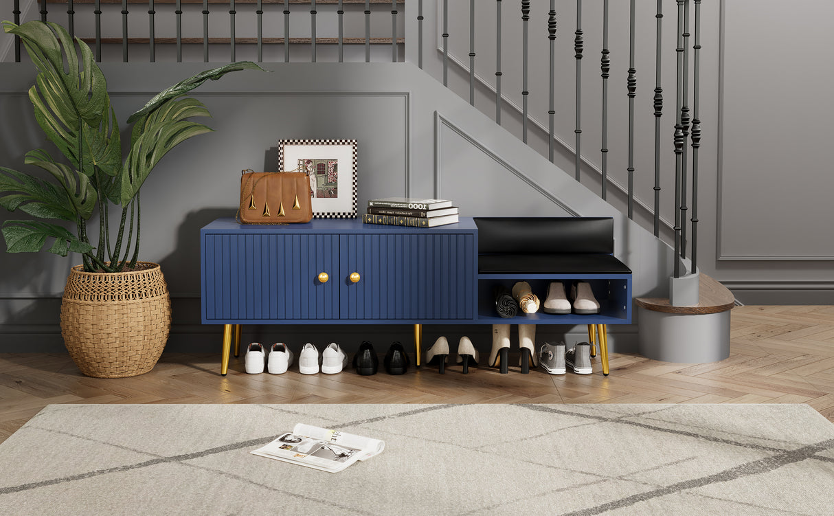 Modern Shoe Storage Bench with Hidden Storage and Upholstered Cushions for Bedside, Living Room and Entryway (Navy) - V.I.P Digital Presence