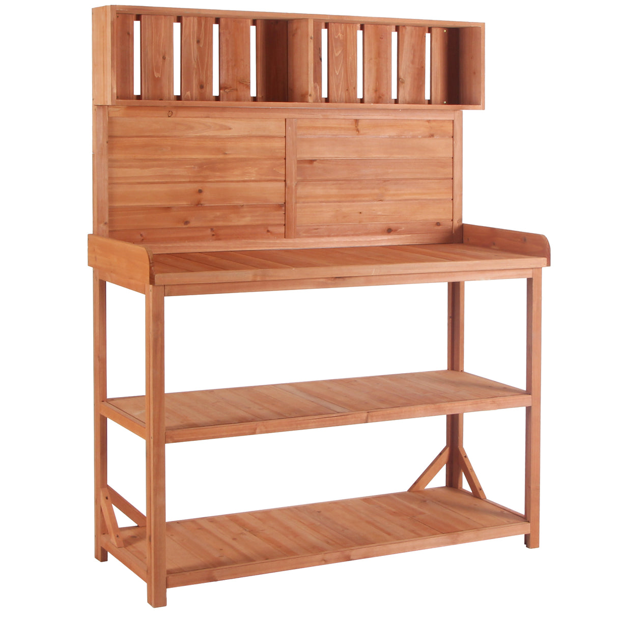 65" Large Wooden Farmhouse Rustic Outdoor Potting Bench Table Garden Potting Bench with 4 Storage Shelves and Side Hook,Natural - V.I.P Digital Presence