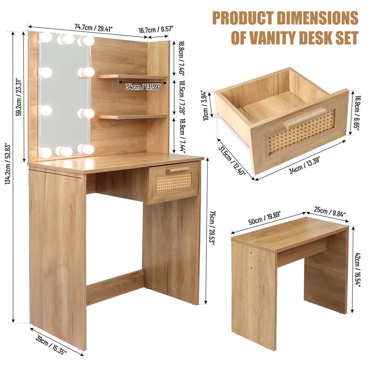 Vanity Desk Set Stool & Dressing Table with LED Lighting Mirror Drawer and Wood Cosmetic Table Chest of Drawers Nature Color - V.I.P Digital Presence