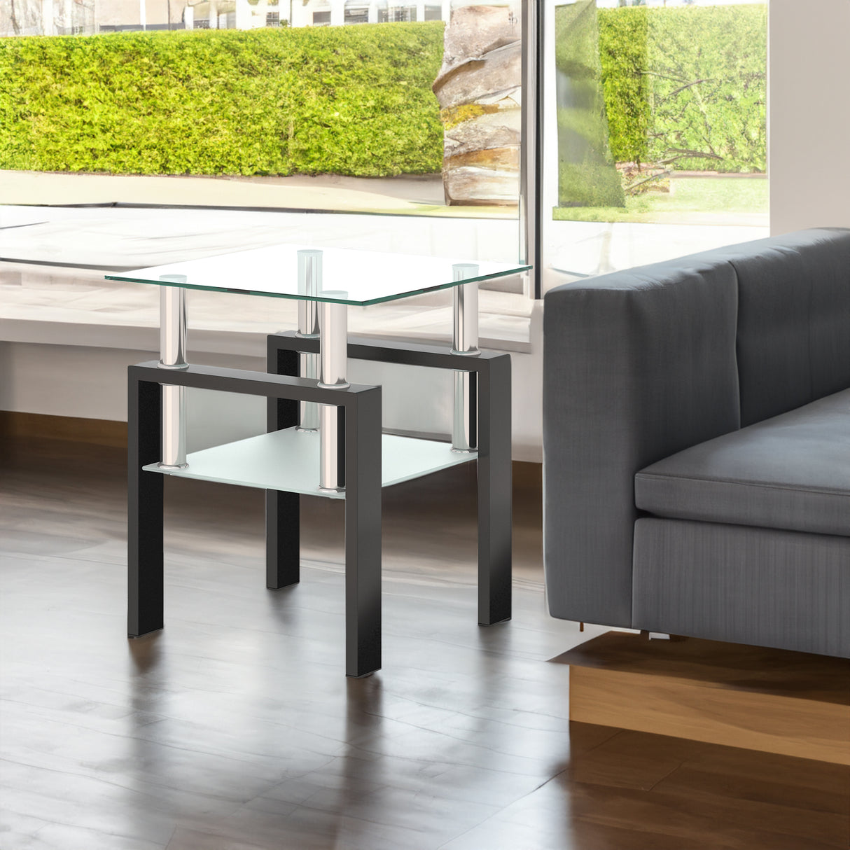 1-Piece Modern Tempered Glass Tea Table Coffee Table End Table, Square Table for Living Room, Transparent/Black - V.I.P Digital Presence