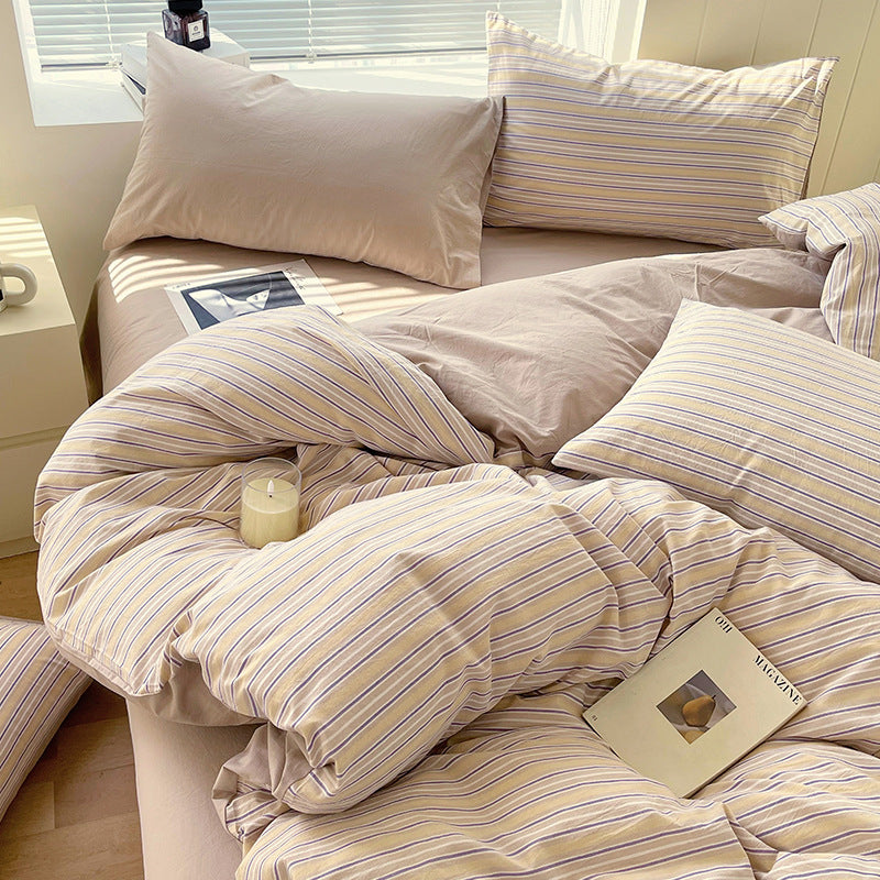 Juego de ropa de cama de algodón lavado teñido de algodón puro de clase A, sábana plana, funda de edredón, sábana ajustable, funda de edredón, juego de tres piezas a rayas