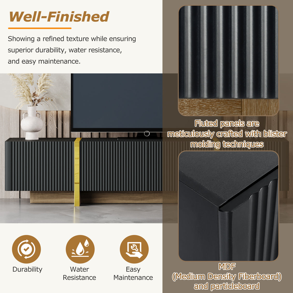 Luxury Fluted TV Stand for TVs Up to 80'', Modern Entertainment Center with Storage Cabinets & Drawers Black - V.I.P Digital Presence