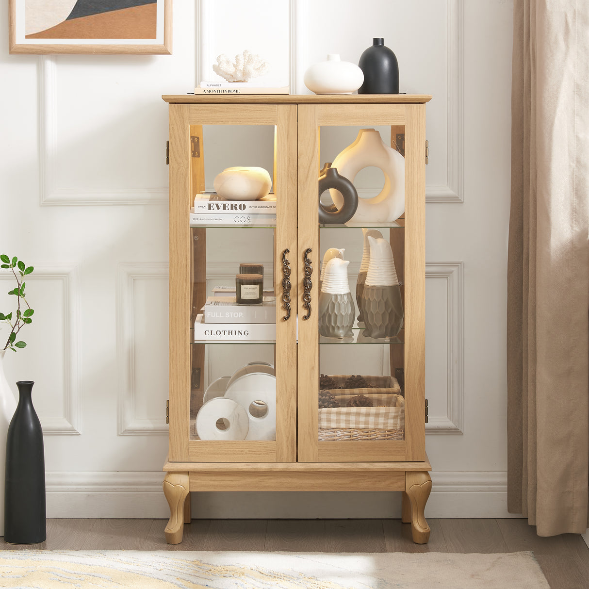 Dual door Curio cabinet with tempered glass doors, mirrored back panel and adjustable shelves, home lighting display cabinet Oak - V.I.P Digital Presence