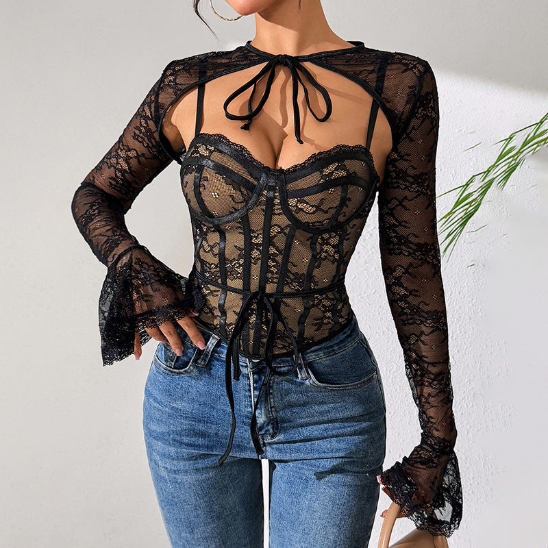 Lace sexy mesh see through backless long sleeved shawl new two-piece set spicy girl camisole vest - V.I.P Digital Presence