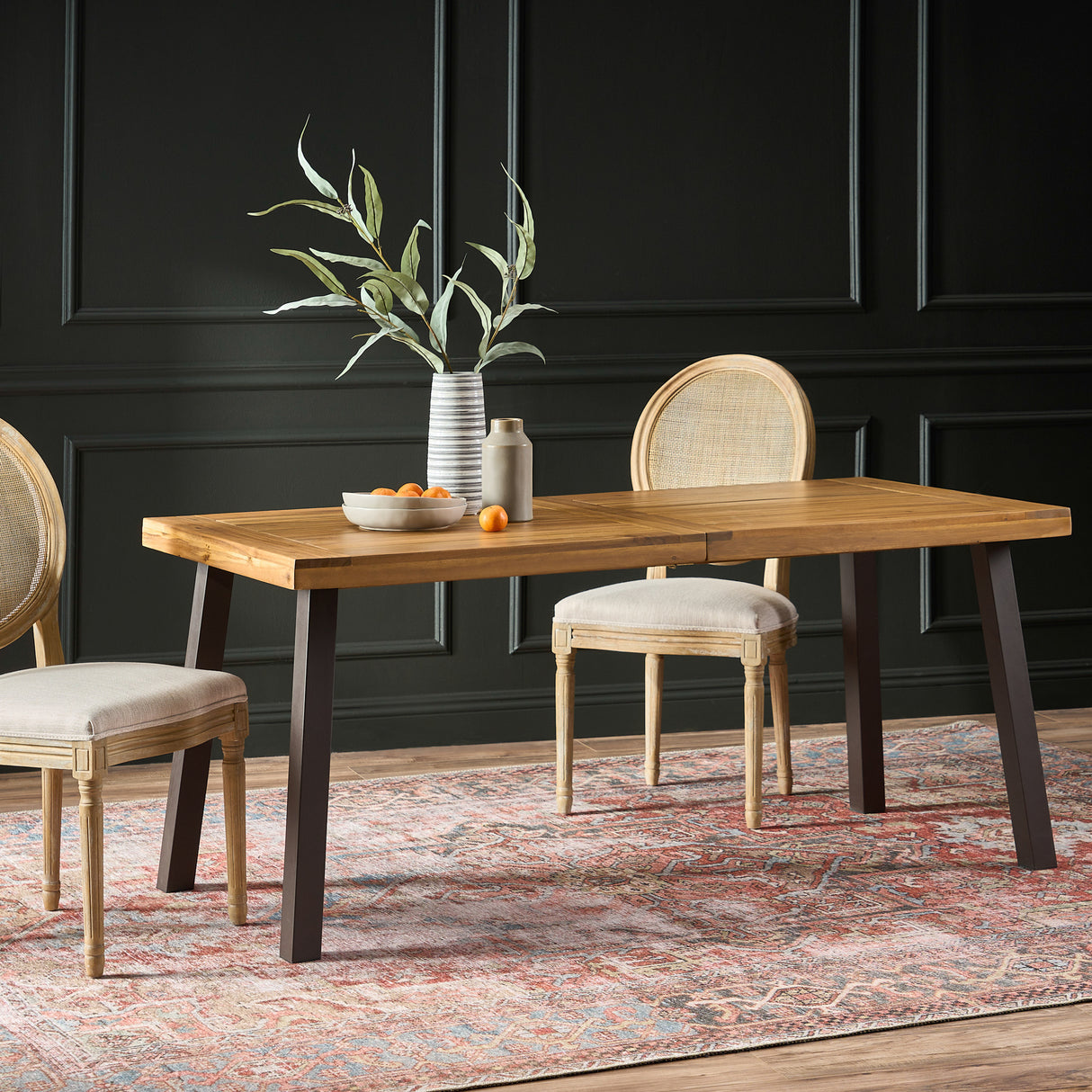Della Acacia Wood Dining Table, Natural Stained with Rustic Metal, Brown, Grey - V.I.P Digital Presence