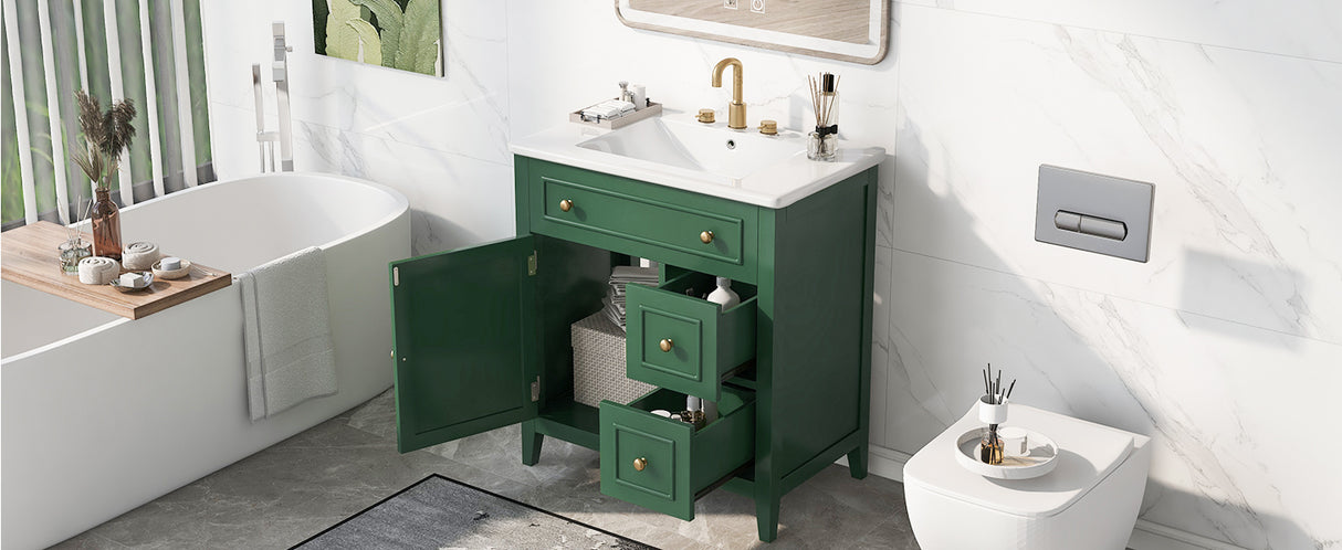 30" Bathroom Vanity with Sink Top, Bathroom Vanity Cabinet with Door and Two Drawers, Solid Wood Frame, One Package, Green - V.I.P Digital Presence