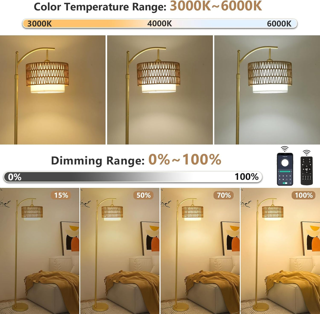 Gold Floor Lamps for Living Room with Remote & Dimmable LED Bulb, Modern Arc Floor Lamp with 3 Color Temperatures - V.I.P Digital Presence