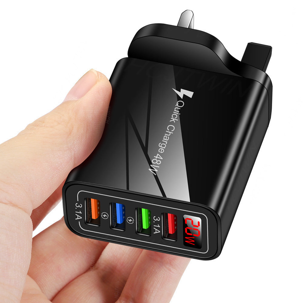 4 USB digital display mobile phone charger, European, American and British standard multi port charger with display screen - V.I.P Digital Presence
