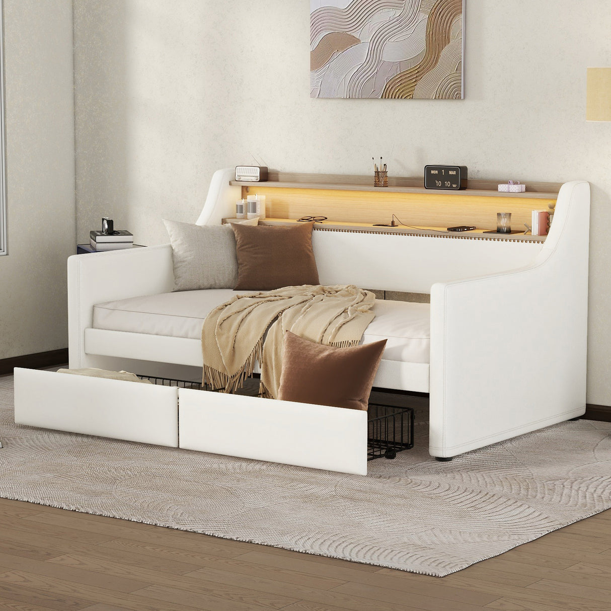 Twin Size Daybed with Drawers, Upholstered Daybed with Charging Station and LED Lights, White - V.I.P Digital Presence