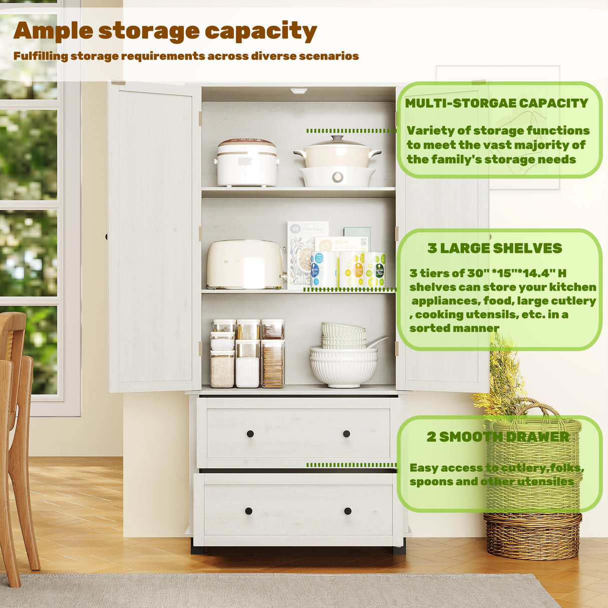 70 inch high kitchen pantry storage cabinet with 2 drawers and 3 shelves, large storage cabinet (antique white) - V.I.P Digital Presence