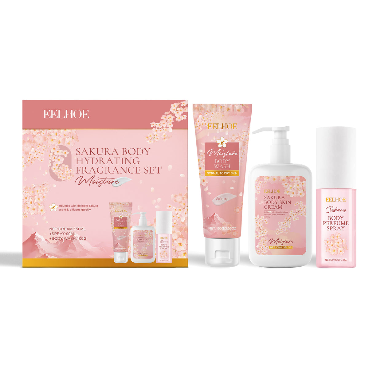 Set de cuidado corporal Cherry Blossom, agua limpiadora suave con fragancia hidratante y nutritiva para la piel.