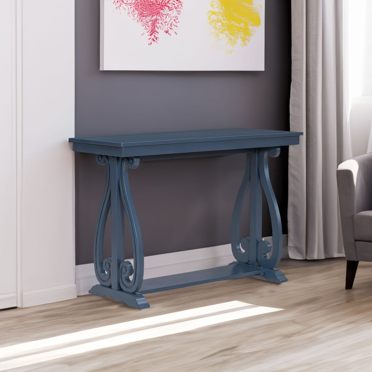 48-Inch Rustic Vintage Console Table --- Farmhouse Style Entryway Table with Open Shelf and Sturdy Construction (Navy) - V.I.P Digital Presence