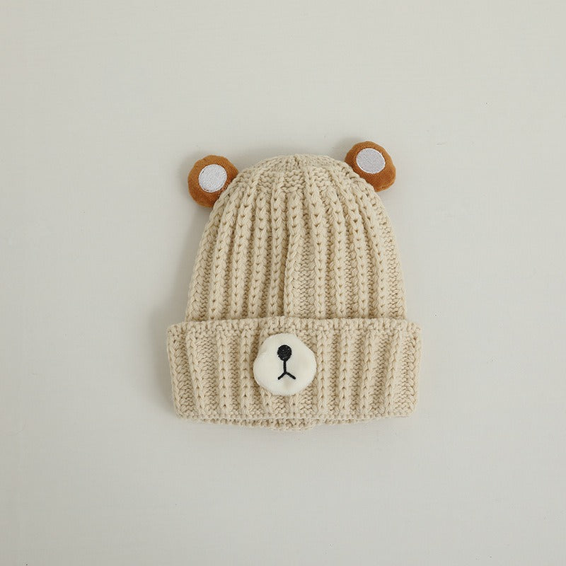 Gorro de punto cálido para niños de otoño e invierno, bonito gorro de lana de color caramelo con forma de oso, gorro cálido coreano para bebés, para hombres y mujeres, tendencia