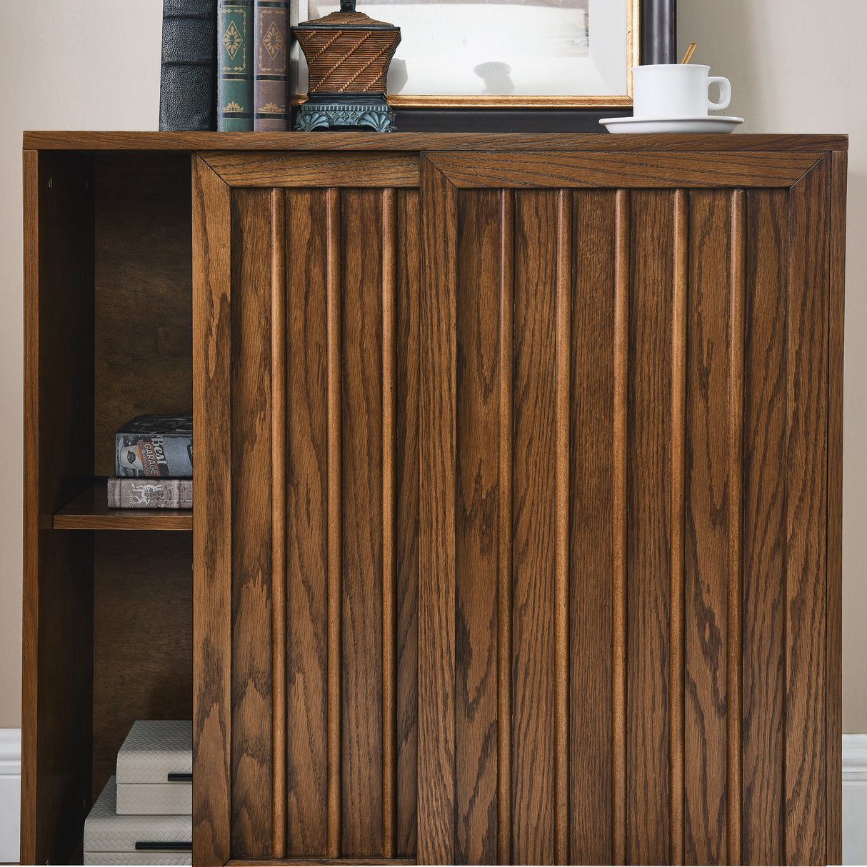 Medieval side panel with 2 sliding doors and solid wood decorative strips, storage cabinet - V.I.P Digital Presence