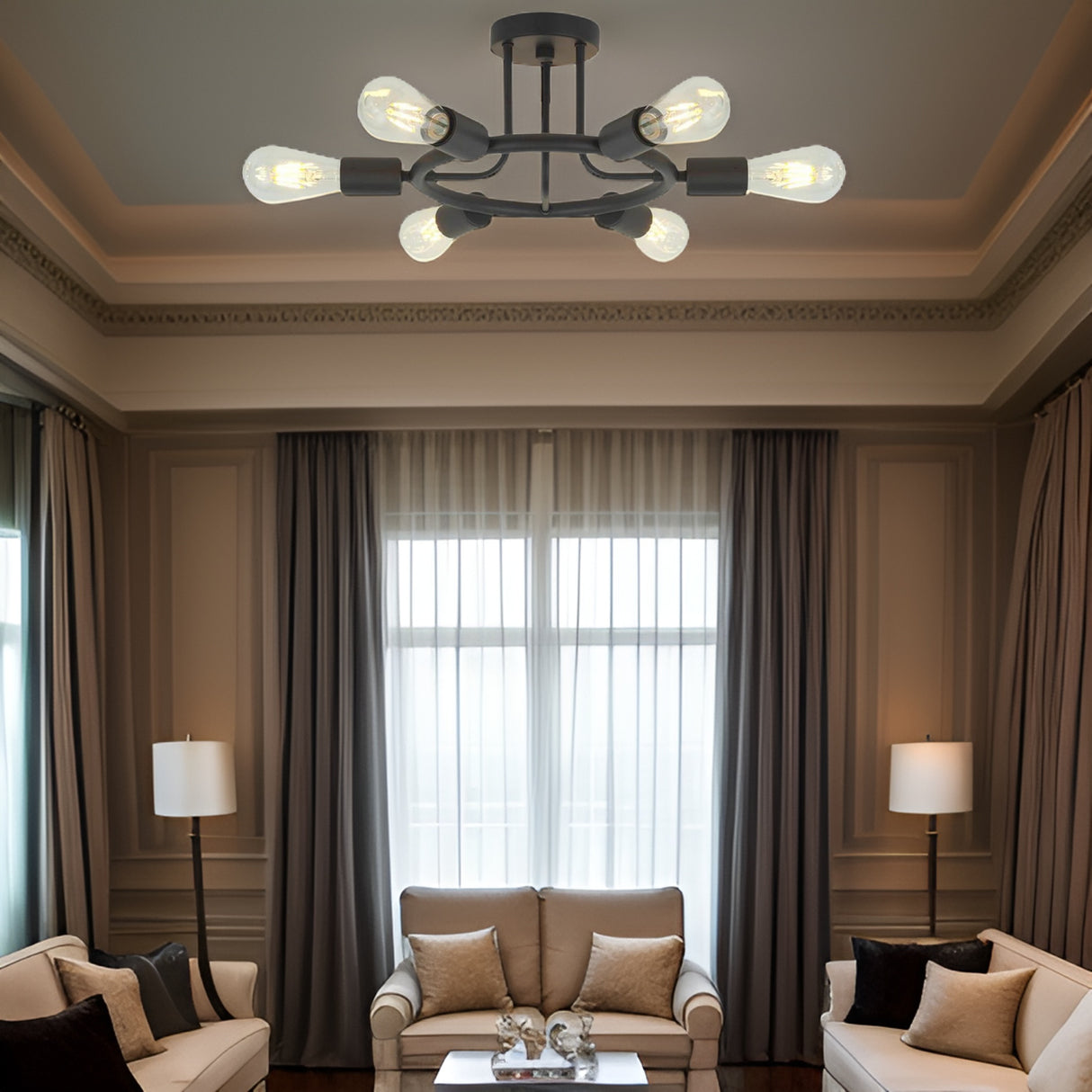 6 Light Modern Sputnik Lights Semi Flush Mount Ceiling Light Black Finished - V.I.P Digital Presence