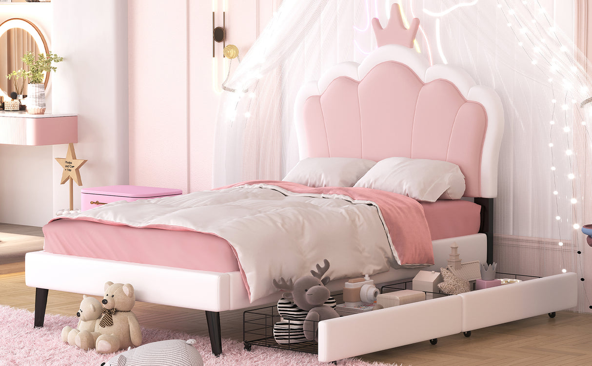 Twin cushion princess bed with crown headboard and 2 drawers with headboard and footrest, pink+white - V.I.P Digital Presence
