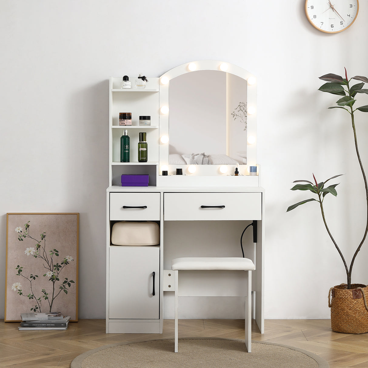 Vanity desk set including table with large lighted mirror 3 color lighting modes adjustable brightness white color